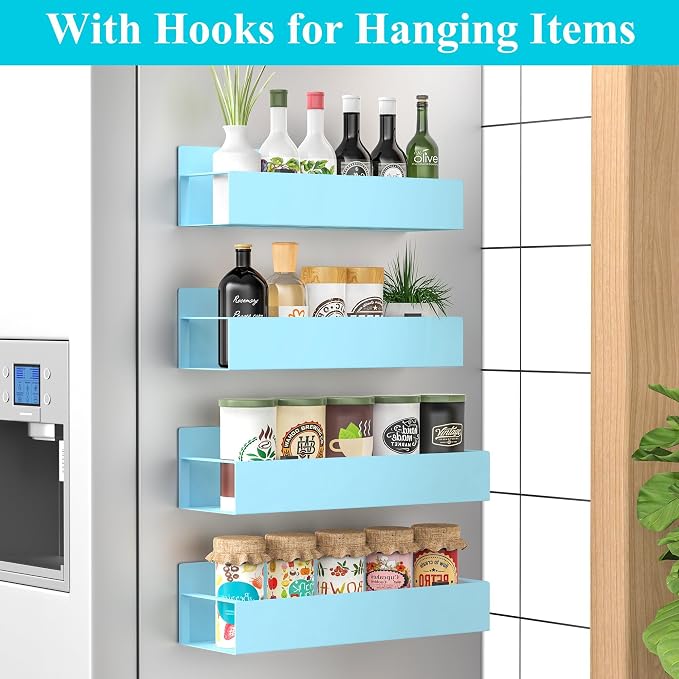 Metal Magnetic Spice Rack for Refrigerator Blue, 4 Pack | Magnetic Shelves Heavy Duty for Fridge in Kitchen, Seasoning Storage Organizer, For Oven Washer and Dryer, For Heavier Items