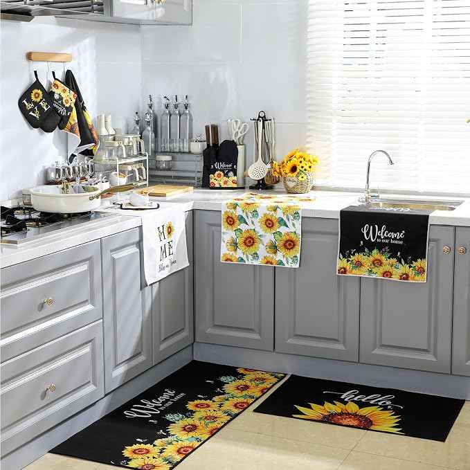 Fourluoo 10 Pcs Sunflower Kitchen Dish Towels Rugs Oven Mitts and Pot Holders Set Farmhouse Kitchen Decor Set for Women Mom Daughter Gift Cooking Baking Grilling (Bright Black Yellow)