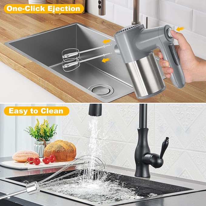 binROC Cordless Electric Hand Mixer, 7-Speed with Storage Base, Silver | Rechargeable, Eject Button, Long Battery, Quiet Anti-Splash, 6×304 Stainless Attachments, Self-Stand for Cake, Dough Baking