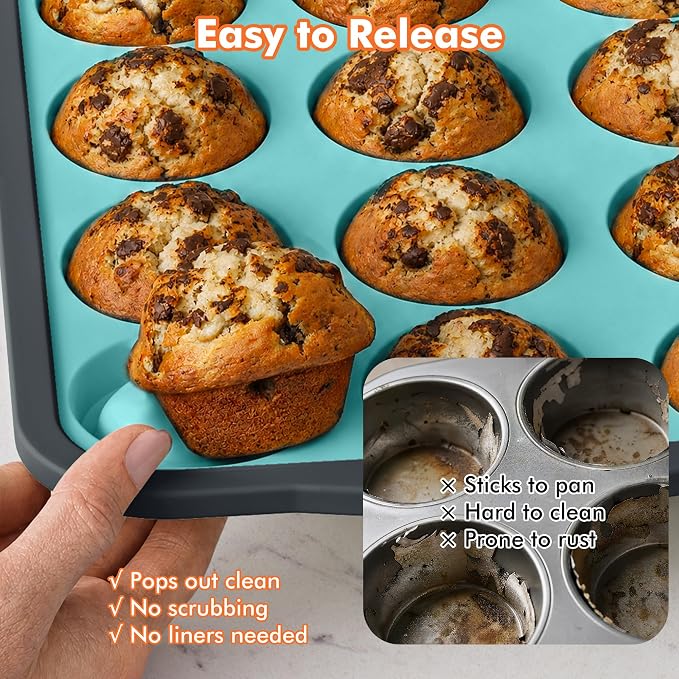 2 Pack Silicone Muffin Pan for Baking with Metal Reinforced Frame, Foldable 12 Cup Regular Size Nonstick Cupcake Pan, Muffin Tray for Baking, Dishwasher Safe Egg Bite Molds for Oven，Blue