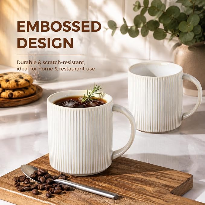 theterra Ceramic Coffee Mugs Set of 4, 14.2 oz Coffee Cups with Handle | Handmade, Suitable for Latte, Tea, Milk, Beer & Hot Cocoa, Reactive White