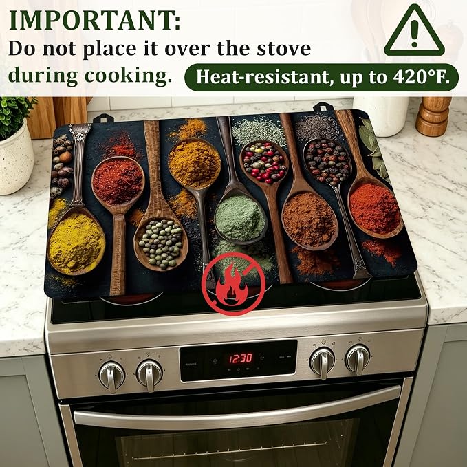 Colourful Various Herbs Electric Stove Top Cover Protector,Spices Glass Flat Top Stove Mat,Heat-Resistant Oven Induction Cooktop Mat for Ceramic Countertop Mats Dish Drying Mat