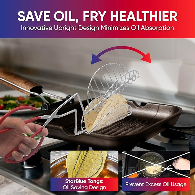 Taco Shell Tongs for Frying by StarBlue - 2 Units 6 Inch U-shaped Easy-Grip Tool for Making Crispy Taco Shells - Heat-Resistant and Dishwasher Safe