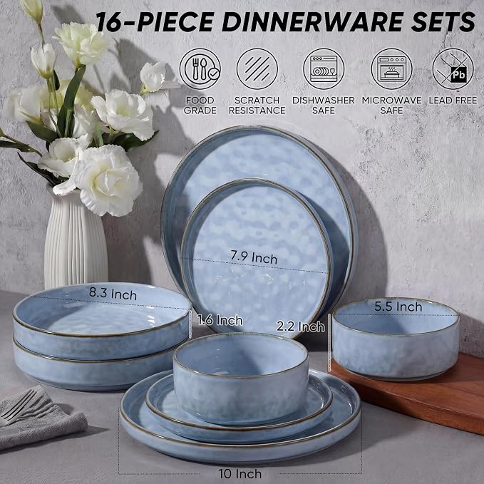 E-far Stoneware Dinnerware Set, 16-Piece Plates and Bowls Sets for 4 | Modern Dishes for Kitchen Dining, Reactive Glazing Ripple Design, Chip Resistant, Microwave & Dishwasher Safe, Reactive Blue