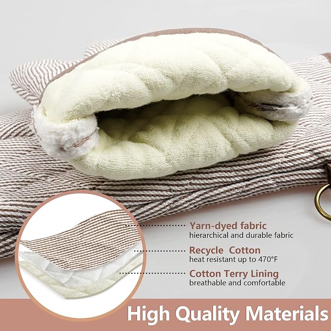 Yarn Dyed Oven Mitts 1 Pair, 100% Cotton Heat Resistant 470 Degree | Oven Gloves for Men Women Cooking Baking Barbecue BBQ Microwave Crafting Machine Washable Pot Holders Mittens (Khaki 2)