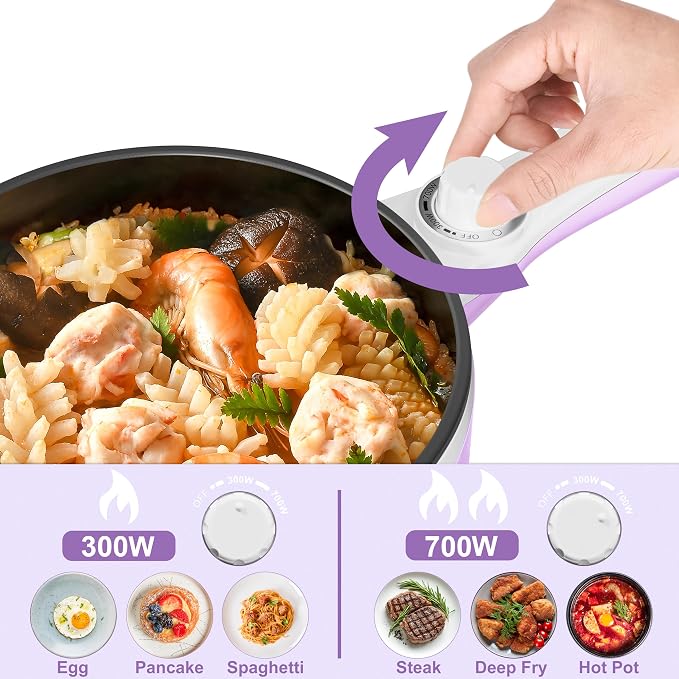 Dezin Hot Pot Electric with Steamer, 1.5L Non-Stick Portable Electric Pot | Dual Power, Upgraded 700W Electric Pot for Cooking Steak, Egg, Ramen Cooker for Dorm, RV, Office, Easy to Clean, Purple Pan