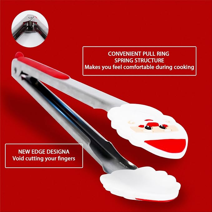 Kitchen Tongs, Food-Grade Silicone Tips with Christmas Design | Dishwasher safe, Premium Stainless Steel, Heat Resistant 500ºF, 9'' and 12''