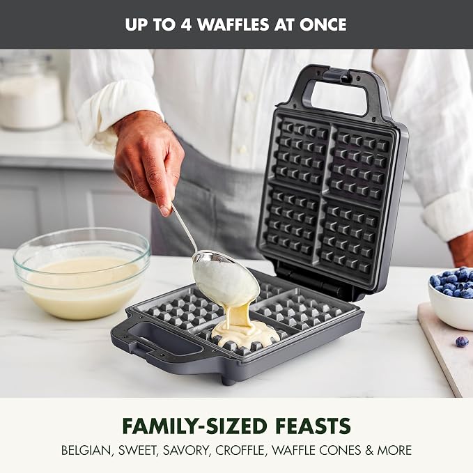 GreenPan Advanced Waffle Maker, 4-Square Belgian & Classic Waffle Maker, PFAS-Free Ceramic Nonstick, Dishwasher Safe Plate, Cool-Touch Handle, Overheat Protection, Easy Clean, Graphite