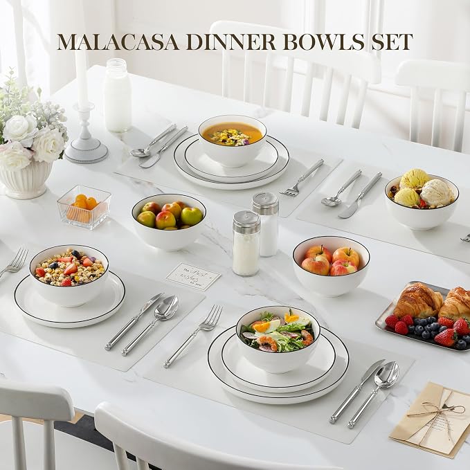 MALACASA 26 Oz Ceramic Cereal Bowls Set of 6 - White Bowl wtih Black Rim | Perfect for soup, cereal, ramen, rice, oatmeal & salad; Scratch-resistant; stackable, microwave, oven & dishwasher safe