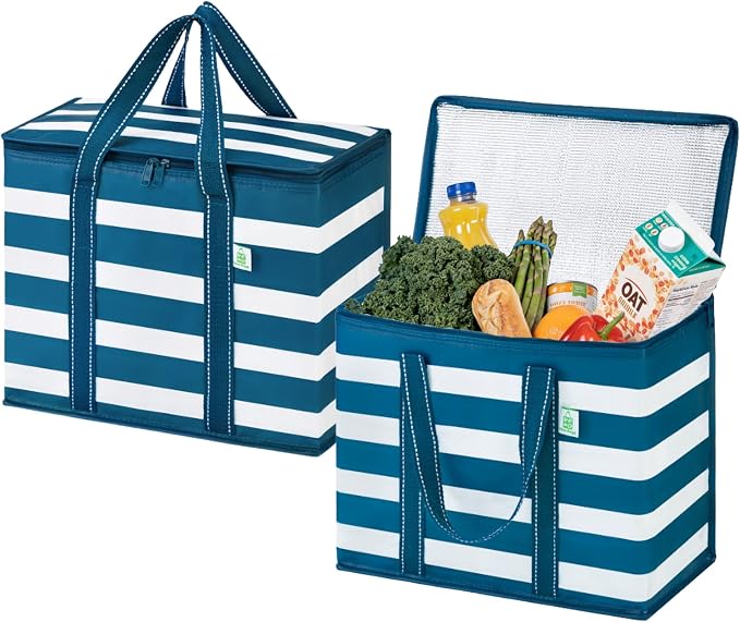 VENO 2 Pack Insulated Cooler Bag Reusable Grocery Bag for Food Delivery | Heavy Duty Large Collapsible Cooler Shopping Tote w/ Zippers,Foldable,Stands Upright for Camping(Classic Navy Stripe,2 Pack)