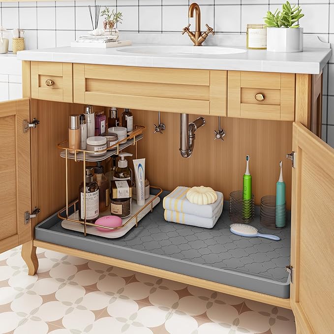 Jin&Bao Under Sink Mat 28" x 22" Waterproof Silicone Cabinet Kitchen Liner | Silicone under kitchen sink mat,cabinet protector,bathroom shelf liner,raised edge,anti-slip,easy to clean & dishwasher safe