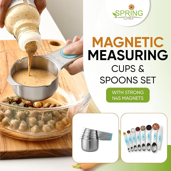 Spring Chef Magnetic Measuring Cups & Spoons Set of 15, Patented, Aqua Sky | Stackable Stainless Steel Measuring Cups & Heavy Duty Metal Measuring Spoons with Levelers for Dry & Liquid Ingredients