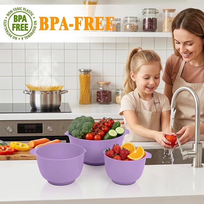 BoxedHome Nesting Plastic Mixing Bowl Set, 4 Piece Mixing Bowl Set with Pour Spouts, Size 1.7, 2.5, 3.5 and 4.5qt, for Prepping, Mixing, Baking, Cooking(2023 New Version, Purple) | 4.5/3.5/2.5/1.7 quarts,Non-slip Base Large Nesting Bowl with Pour Spout...