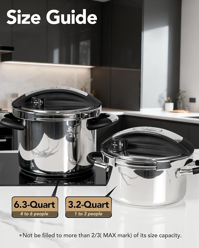 MICHELANGELO 6.3QT Pressure Cooker Stainless Steel, Induction Ready | Safer Pressure Control for Beans, Stews, Rice and Broth, One-Touch Locking Lid, with Glass Lid, Steamer and A Spare Gasket