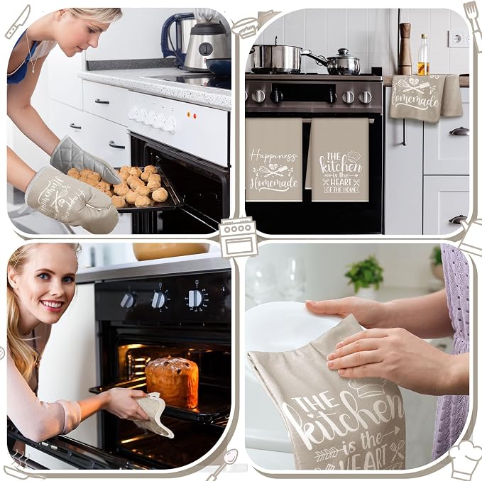 Sratte 6 Pcs Kitchen Decor Accessories Set, Kitchen, Beige | Farmhouse Kitchen Towels Pot Holders Oven Mitts Set 2 Dish Towels 2 Potholders 2 Cooking Mittens for Baking Cooking Supply
