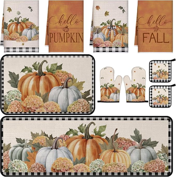 Fanfanwin 10 Pcs Fall Pumpkin Kitchen Decor Set Kitchen Towels Pot Holders Oven Mitts and Rugs Set Pumpkin Flower Decorations for Baking Cooking BBQ Autumn Home Housewarming Gifts