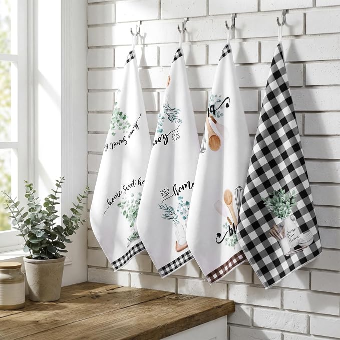 4 Pcs Eucalyptus Kitchen Towels Sage Green Hand Dish Towels Gifts | Absorbent Black White Plaid Fast Drying Decor Housewarming Gift for Cooking Bathroom Kitchen Decor