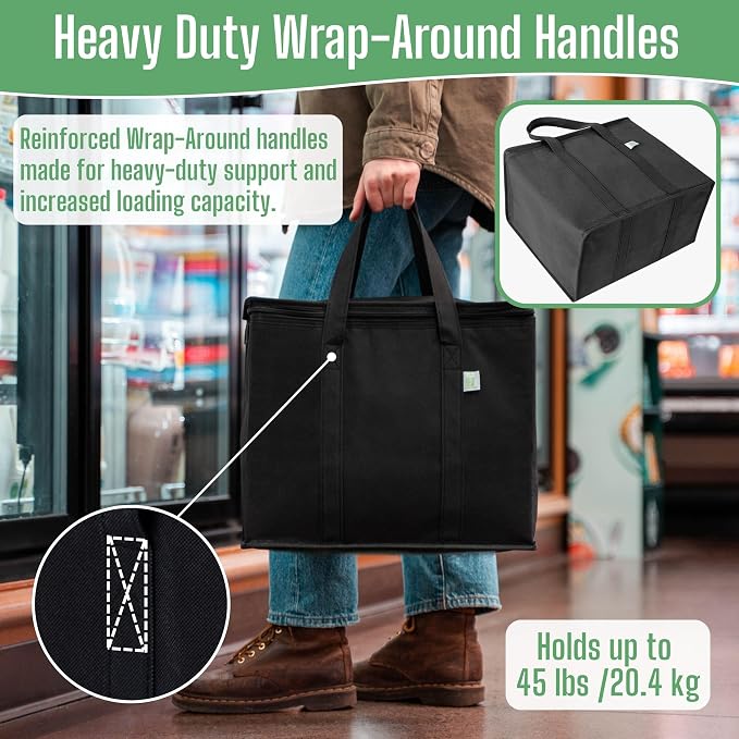 VENO 3 Pack Insulated Cooler Reusable Grocery Shopping Bag Food Delivery | Large Collapsible Cooler, Reusable Shopping Tote w/ Zippers, Foldable, Stands Upright, for Groceries Camping (Black, 3 Pack)