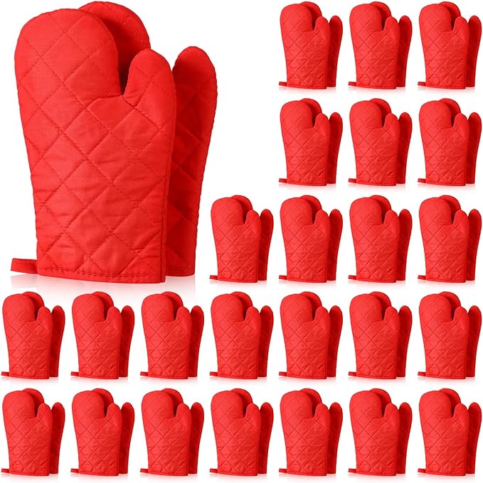 Geyoga 12 Pairs Oven Mitts Heat Resistant Kitchen Long Oven Gloves Mitts Thick Cotton Winter Quilted Baking Flexible Glove Bulk for Cooking BBQ Picnic Kitchen Grilling 10.6 Inch(Red)