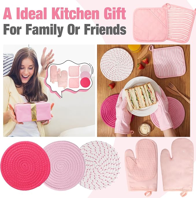 Pink Oven Mitts and Pot Holders 7 Sets, Pink White, Rubber Cotton, Stripes | Heat Resistant Kitchen Gloves, Pads Pot Holders for Women, Chritsmas Gifts Kitchen Accessories Gift