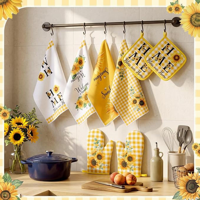 Leinuosen 8 Pcs Sunflower Yellow and White Checkered Kitchen Towels and Dishcloths Sets Pot Holders and Oven Mitts Sets Absorbent Kitchen Gloves Potholders Heat Resistant for Chef Baking Cooking