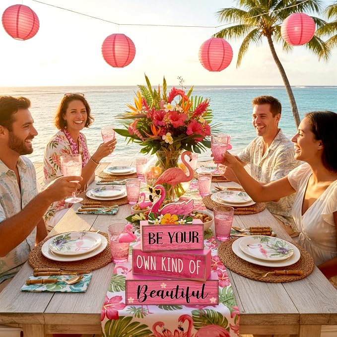 Lineshading 4 Pcs Flamingo Summer Decor Wooden Tabletop Signs Pink | Farmhouse Tiered Tray Decorations, Birthday Party Blocks with Quotes, Flamingo Table Centerpiece for Home Gift