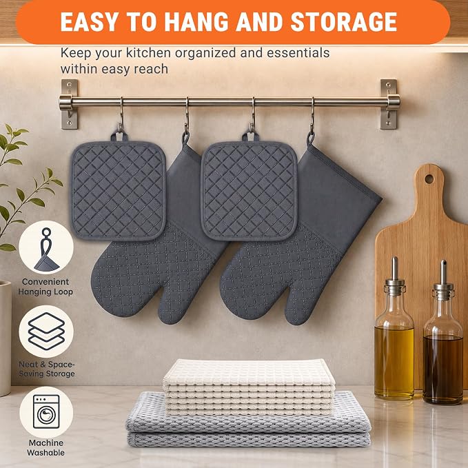 Oven Mitts Pot Holders Kitchen Towels Waffle Weave Dishcloths Sets 12Pcs | Silver Wire Dishcloths, Oven Gloves Pot Pads 500°F Heat Resistant w/Non-Slip Silicone Surface for Cooking Baking Grilling