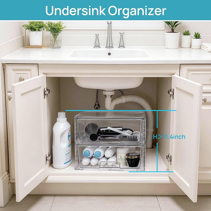 Vtopmart 4 Pack Large Clear Stackable Storage Drawers for Closet, Pantry | Easily Assemble Bathroom Closet Undersink Organizers,Plastic Bins for Cabinet,Kitchen Pantry,Medicine Organization