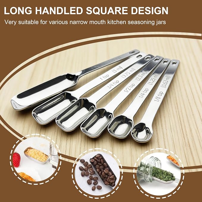 Stainless Steel Teaspoon Measuring Spoons Set of 7 with Leveler | Long Handle Rectangular Metal Teaspoon Tablespoon for Measuring Kitchen Spice, Dry & Liquid Ingredients