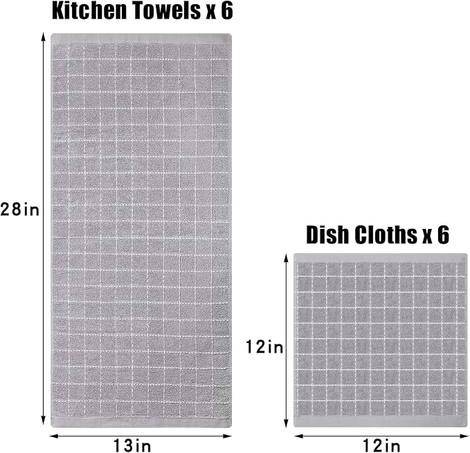 Homaxy Kitchen Towels and Dishcloths Set, Set of 12, Light Grey | Bulk Cotton Terry Kitchen Towels, Checkered Designed, Soft and Super Absorbent Dish Towels, 12 x 12 and 13 x 28 Inches