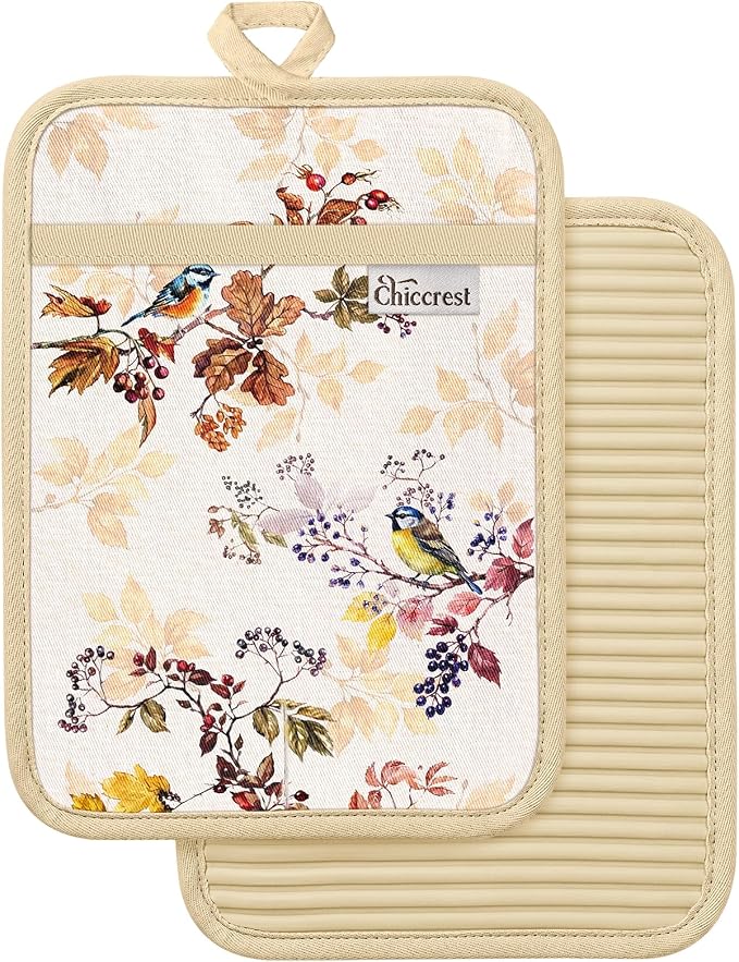 100% Thick Cotton Pot Holders Ribbed Soft Silicone Natural Bird | Stylish Pot Holders with Pockets, Ribbed Soft Silicone, Machine Washable Non-Slip Heat Resistant Hot Pads 2pcs, Kitchen Gift