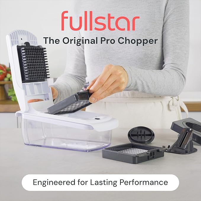 Fullstar Pro Original Vegetable Chopper Kitchen Prep Tool | 2 in 1 Veggie Slicer, Onion & Fruit Cutter with Sharp Stainless Steel Blades & Container, All-in-One Food Prep Tool (White)