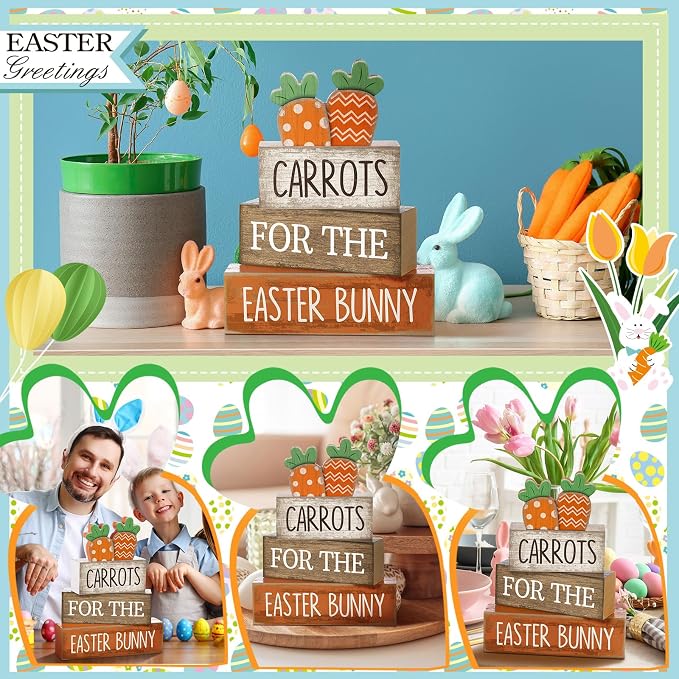 Lineshading 4 Pcs Wooden Tiered Tray Decor, Farmhouse Carrots Block Signs | Rustic Wooden Signs with Carrot Cutouts, Easter Spring Tabletop Decorations, Stackable for Farmhouse Home Displays
