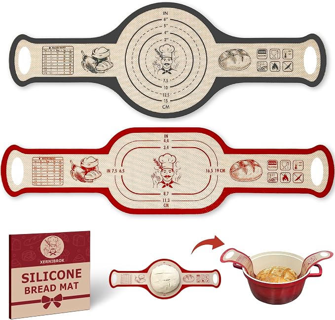 Silicone Bread Sling for Dutch Oven, 2 PCS Non-Stick Reusable Bread Baking Mats with Long Handles, Seamless Design Easy to Transfer Sourdough Sling Silicone Sourdough Sling Dough (Round Gray/Oval Red)
