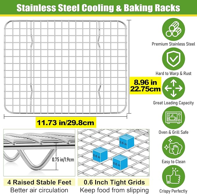 Homikit 12x9 Inch Stainless Steel Cooling Rack Set for Quarter Sheet Pan | 2 Pack Small Baking Racks for Cookie Bread Pizza, Toaster Oven Bacon Racks, Metal Grilling Grids, Rust Free, Dishwasher Safe