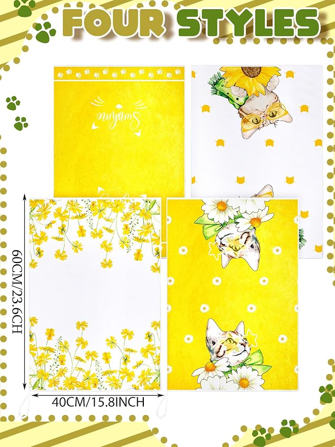 4 Pcs Cat Kitchen Towels Hand Tea Towels Gift for Kitty Lovers | Absorbent Fast Drying Dish Clothes Yellow Floral Cute Kitty Decor Housewarming Gift for Cooking Kitchen Bathroom Decor