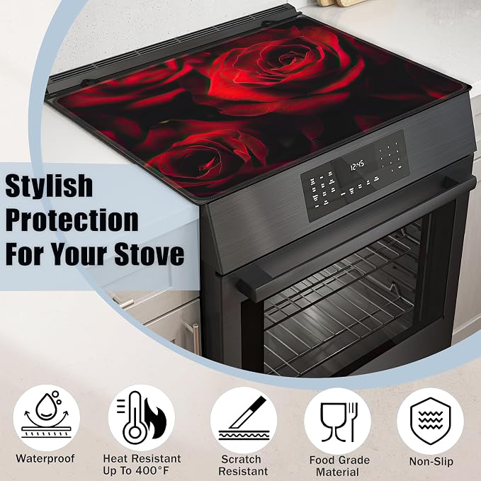 Stove Top Covers for Electric Stove,Red Rose Flower Flat Top Stove Cover,Retro Floral Heat Resistant Glass Top Stove Cover Protector Anti-Slip Range Covers, 28 x 20 Inch