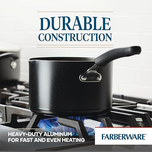 Farberware Cookstart Aluminum DiamondMax Straining Nonstick Saucepan, 3-Quart, Black