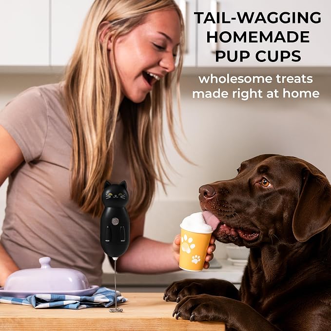 Cat-Shaped Frother Mixer – Cutesy Frother, Meet Your New Frothing Buddy Midnight The Cat, Adoption Papers and Stickers Included, Purrr-fect for Lattes, Cappuccino & Matcha – Black