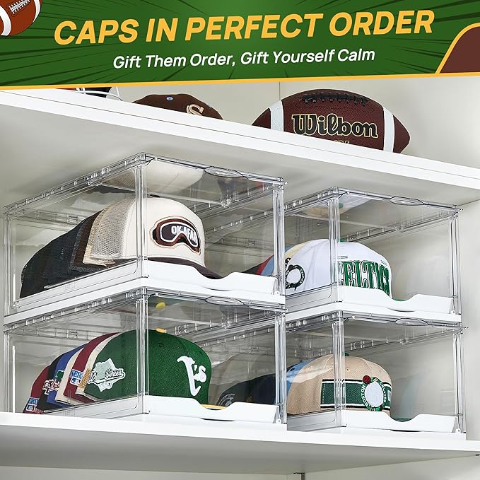 Vtopmart 1 Pack Stackable Baseball Caps Organizer, Each Holds 12 hats | with Sliding Drawer, Magnetic Door, Stackable, Transparent