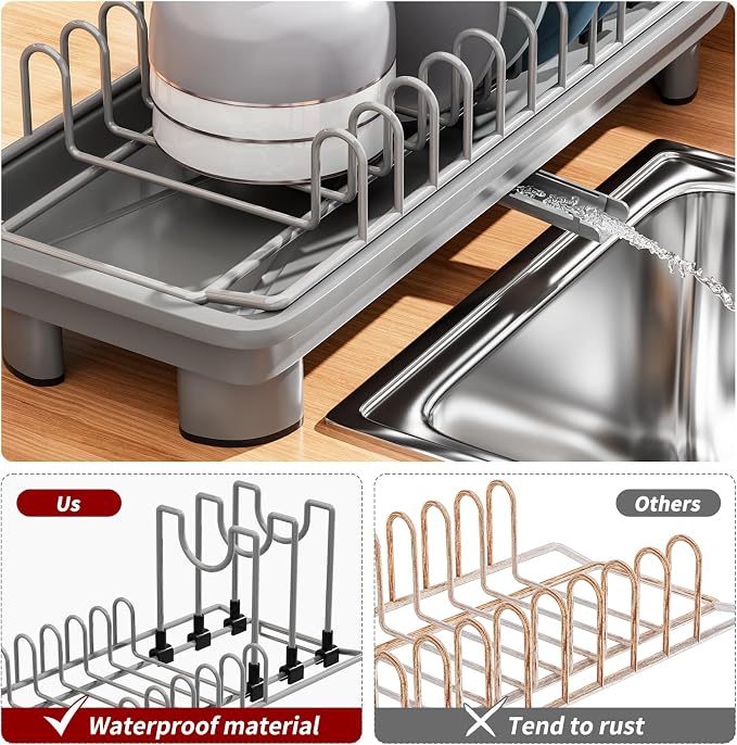 Small Dish Drying Rack, Stainless Steel with Drain Board & Utensil Holder | Anti-Scratch Base, Space Saving Design for Kitchen Counter, Grey