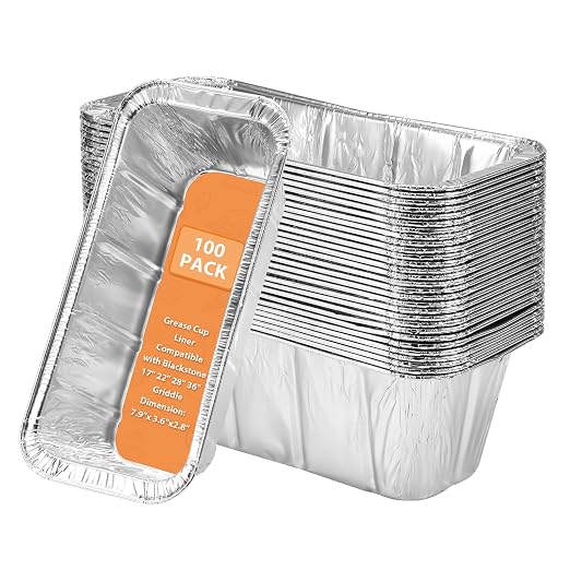 EWFEN 100 Pack Blackstone Griddle Accessories Grease Catcher Cup Liners, Aluminum Foil Drip Pan Disposable for 17" 22" 28" 36" Blackstone Griddle Drip Tray Holder Grill Rear Grease Cup Liners