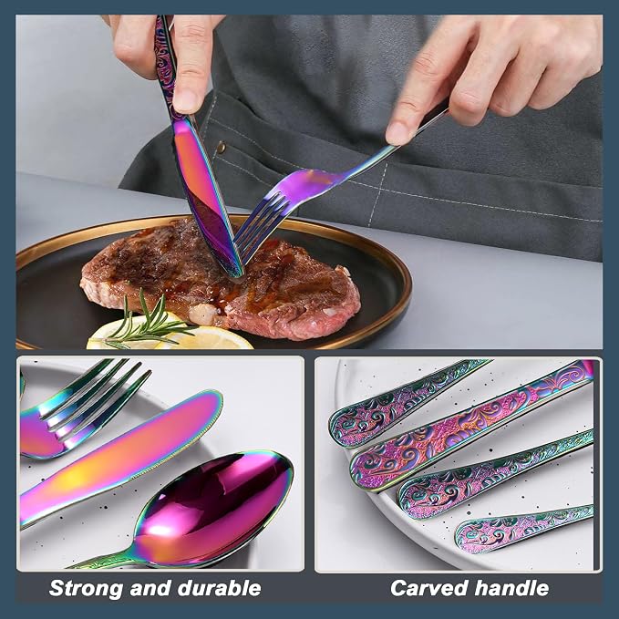 Runfly Vintage Carved Rainbow Stainless Steel 20-Piece Flatware Set | Silverware Set, Modern Embossed Cutlery Set Utensils Kitchen Including Fork Spoon and Knife