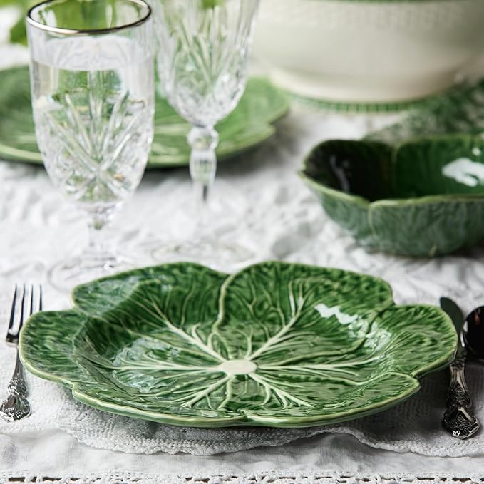 Le Jardin Green Cabbage Plates - Dinner, SET OF FOUR -11" Sculpted Green Stoneware Leaf Plates – Seasonal Garden-Inspired Tableware for Spring & Summer Dining and Entertaining