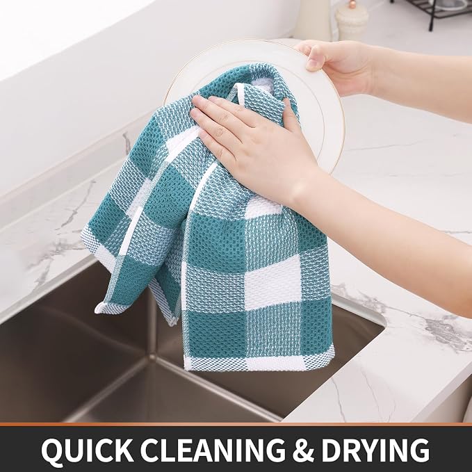 Homaxy Kitchen Towels and Dishcloths Set, Set of 8, White & Lake Blue | Bulk Cotton Waffle Weave Check Plaid Kitchen Towels, Super Soft and Absorbent Dish Cloths, 12 x 12 and 13 x 28 Inches