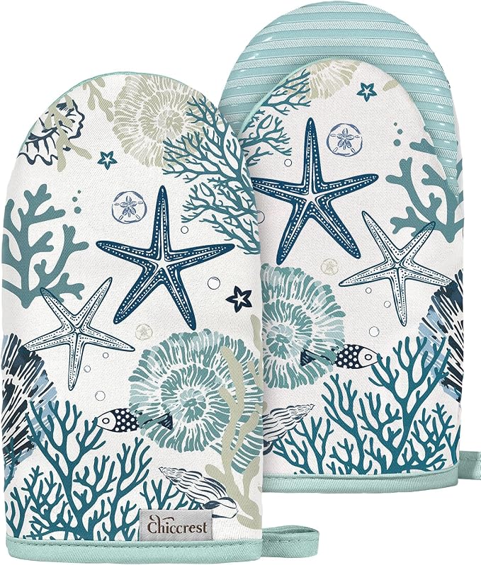 100% Thick Cotton Mini Oven Mitts Silicone Grip Blue Ocean | Girly Cute Oven Mitts for Women, Machine Washable, Non-Slip, Reversible Design Fits Both Hands, Stylish Kitchen Decor