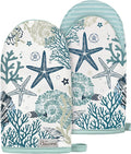 100% Thick Cotton Mini Oven Mitts Silicone Grip Blue Ocean | Girly Cute Oven Mitts for Women, Machine Washable, Non-Slip, Reversible Design Fits Both Hands, Stylish Kitchen Decor