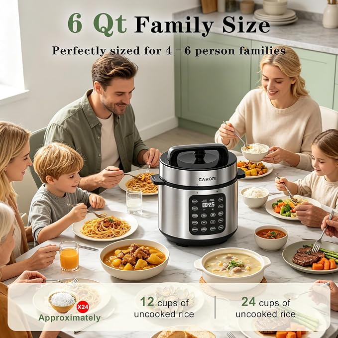 CARORI 6 Qt Electric Pressure Cooker, 9-in-1 Multi-Cooker with IMD Touchscreen, 24H Delay Start, Nonstick Ceramic Pot, Rice Cooker, Slow Cooker, Steamer, Sauté, Silver
