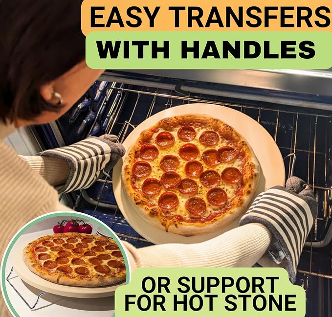Round Pizza Stone for Oven 16 inch - Large Pizza Stone with Handles, Metal Pizza Peel, Pizza Cutter and Dough Tool - Baking Stone for Oven Bread - Thick Durable Cordierite Baking Stones