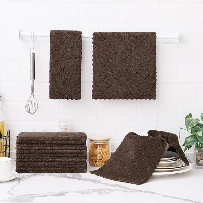 Homaxy 12 Pack Super Soft Absorbent Dish Towels, 10" x 20", Brown | Coral Velvet, Nonstick Oil Fast Drying Microfiber Cleaning Cloth, No Lint Dishcloths for washing and drying